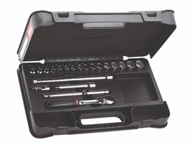 "Garnitura nasadnih ključeva 6-22 mm 12-ugaoni prihvat 3/8"" sa reverzibilnom ručicom i nastavcima u plastičnij kutiji 21/1 606B USAG"